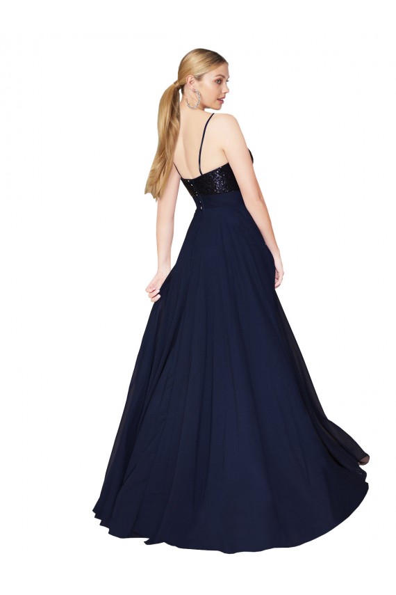 Affordable Sleeveless High Neck Soft Chiffon & Sequin Dark Navy Long Semi Formal Evening Gowns
