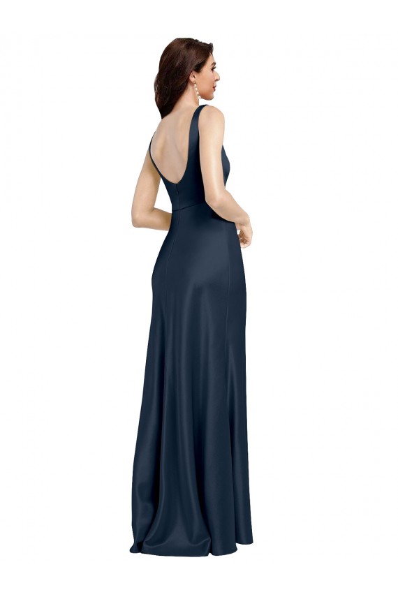 Affordable Sleeveless Square Neck Stretch Satin Dark Navy Long Formal Evening Dress