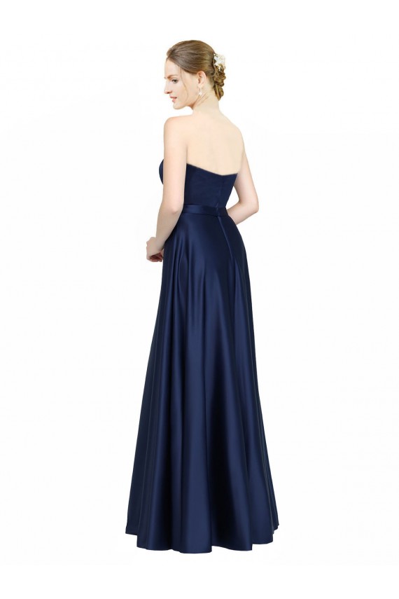 Affordable Sleeveless Sweetheart Stretch Satin Dark Navy Long Black Tie Evening Dress