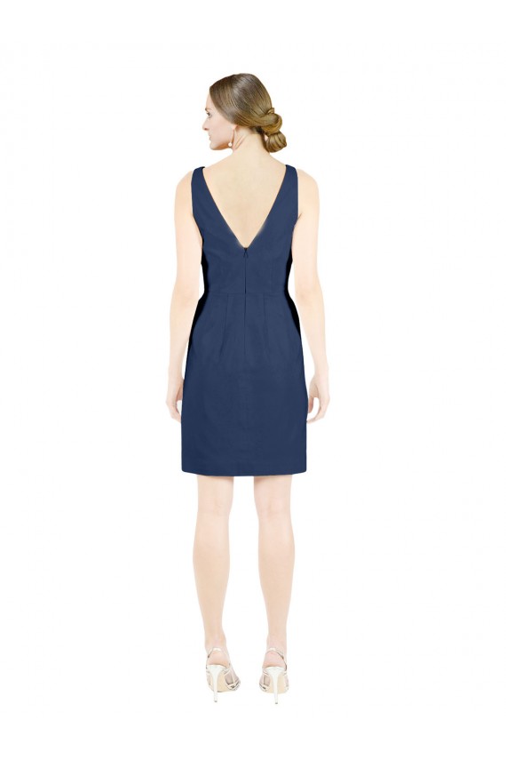 Affordable Sleeveless V-Neck Satin Dark Navy Knee Length Evening Dress