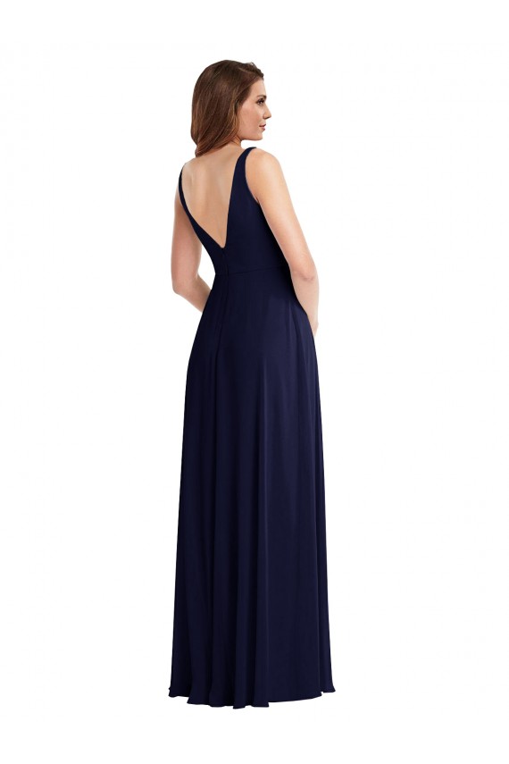 Affordable Sleeveless V-Neck Soft Chiffon Dark Navy Long Black Tie Evening Dress