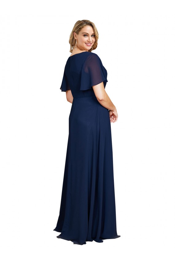 Affordable Short Flutter Sleeves V-Neck Soft Chiffon Dark Navy Long Plus Size Formal Evening Dress