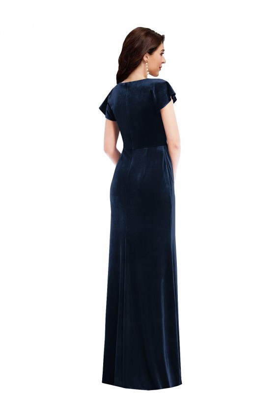 Affordable Flutter Sleeves V-Neck Stretch Velvet Dark Navy Long Formal Dress