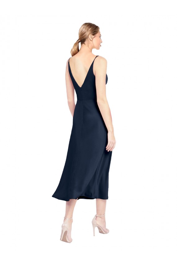 Affordable Sleeveless V-Neck Stretch Satin Dark Navy Midi Length Formal Evening Dress