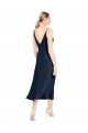 Affordable Sleeveless V-Neck Stretch Satin Dark Navy Midi Length Formal Evening Dress