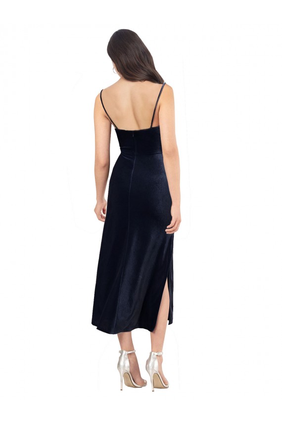 Affordable Sleeveless Cowl Neck Stretch Velvet Dark Navy Midi Length Formal Evening Dress