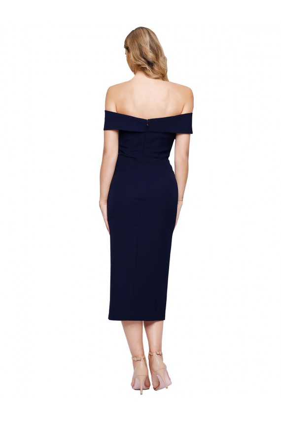 Affordable Sleeveless Sweetheart Stretch Crepe Dark Navy Midi Length Formal Evening Dress
