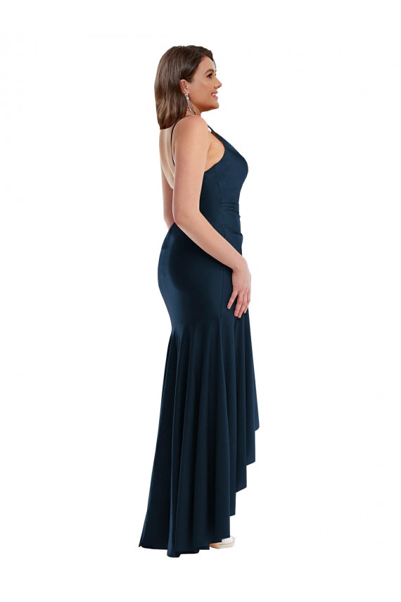 Affordable Sleeveless Spaghetti Straps Silky Satin Dark Navy Long High Low Plus Size Evening Dress