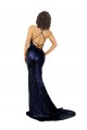 Affordable Sleeveless V-Neck Sequin Dark Navy Long Formal Evening Dress