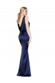 Affordable Sleeveless High Neck Stretch Satin Dark Navy Long Formal Evening Dress
