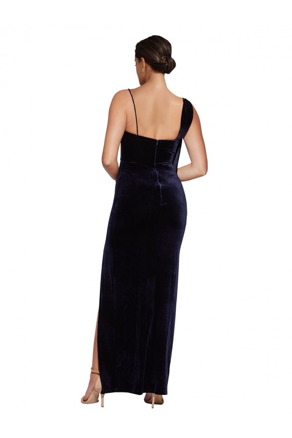 Affordable Sleeveless Square Neck Stretch Velvet Dark Navy Long Formal Evening Dress