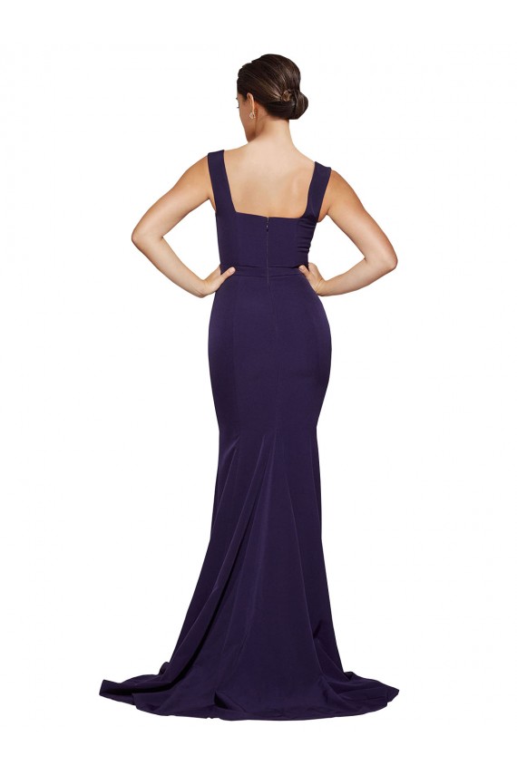 Affordable Sleeveless Square Neck Stretch Crepe Dark Navy Sweep Train Semi Formal Evening Dress