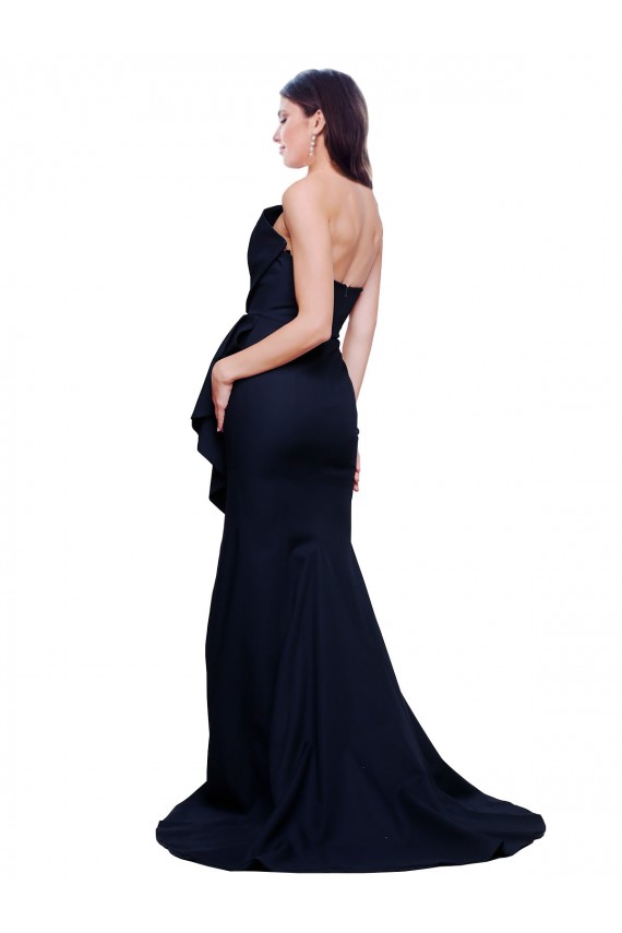 Affordable Sleeveless Strapless Stretch Crepe Dark Navy Sweep Train Semi Formal Evening Dress