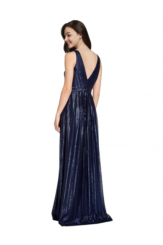 Affordable Sleeveless V-Neck Sequin Dark Navy Sheath Long Formal Evening Dress