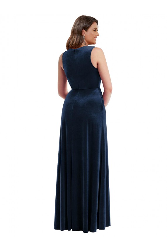 Affordable Sleeveless V-Neck Stretch Velvet Dark Navy Long Plus Size Formal Evening Dress
