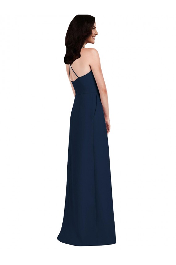 Affordable Sleeveless Halter Neck Stretch Crepe Dark Navy Long Semi Formal Evening Dress