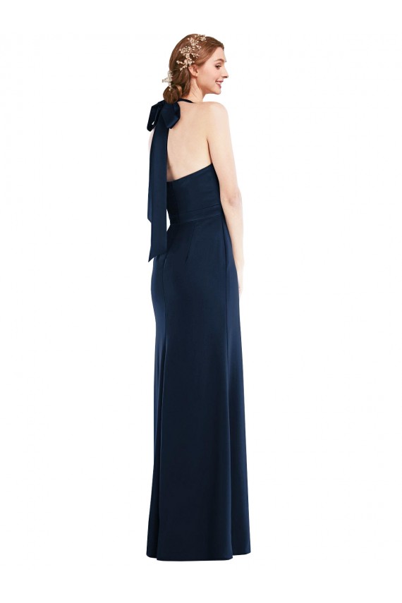 Affordable Sleeveless High Neck Stretch Crepe Dark Navy Long Semi Formal Evening Dress