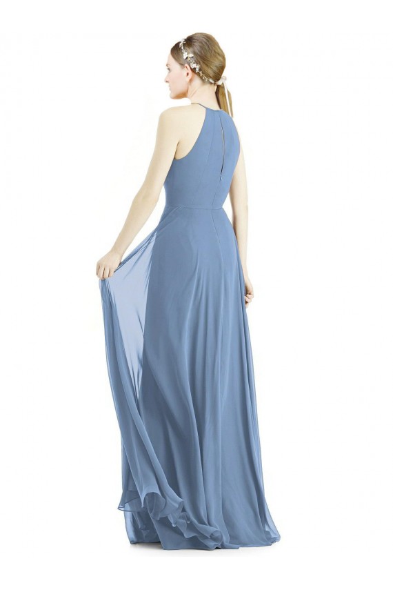Affordable Sleeveless Halter Neck Soft Chiffon Dusty Blue Long Semi Formal Evening Dress
