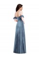 Affordable Ruffle Sleeves Off the Shoulder Stretch Velvet Dusty Blue Long Formal Dress
