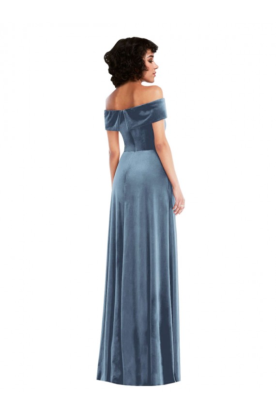 Affordable Sleeveless Off the Shoulder Stretch Velvet Dusty Blue Long Semi Formal Evening Dress