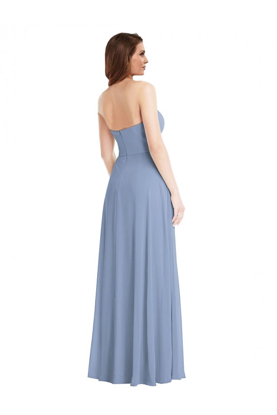 Affordable Sleeveless Strapless Soft Chiffon Dusty Blue Long Semi Formal Evening Dress