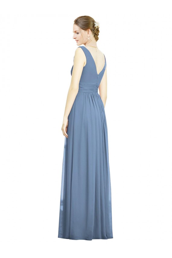 Affordable Sleeveless V-Neck Soft Chiffon Dusty Blue Long Semi Formal Evening Dress