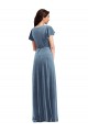 Affordable Flutter Sleeves V-Neck Stretch Velvet Dusty Blue Long Black Tie Evening Dress