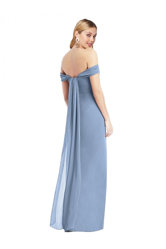 Affordable Sleeveless Off the Shoulder Soft Chiffon Dusty Blue Long Semi Formal Evening Dress