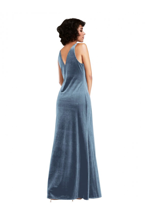 Affordable Sleeveless Cowl Neck Stretch Velvet Dusty Blue Long Evening Dress