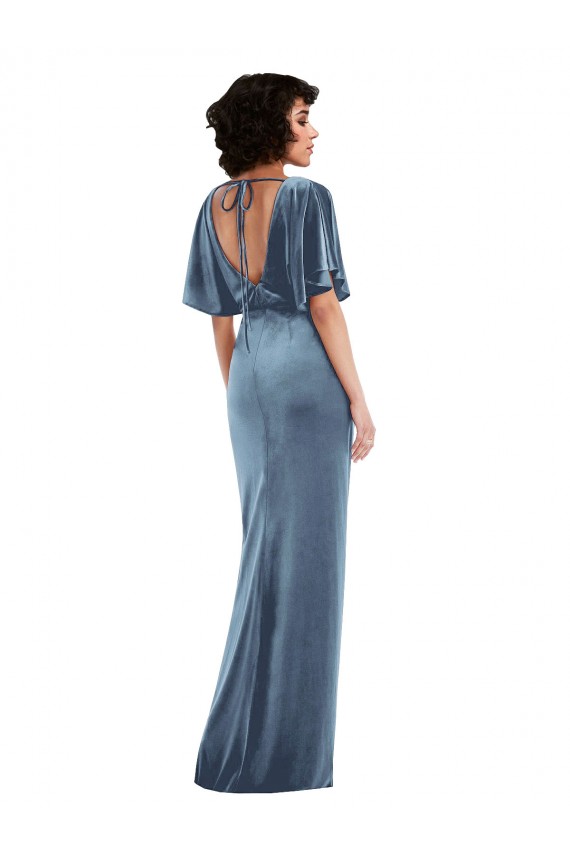 Affordable Flutter Sleeves Stretch Velvet Dusty Blue Long Semi Formal Evening Dress
