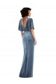 Affordable Flutter Sleeves Stretch Velvet Dusty Blue Long Semi Formal Evening Dress