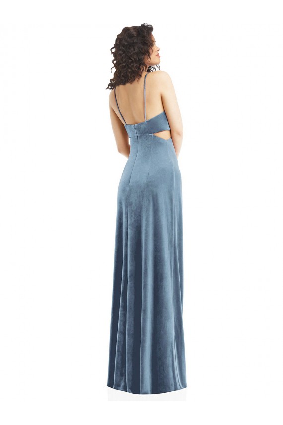 Affordable Sleeveless Square Neck Stretch Velvet Dusty Blue Long Formal Evening Dress