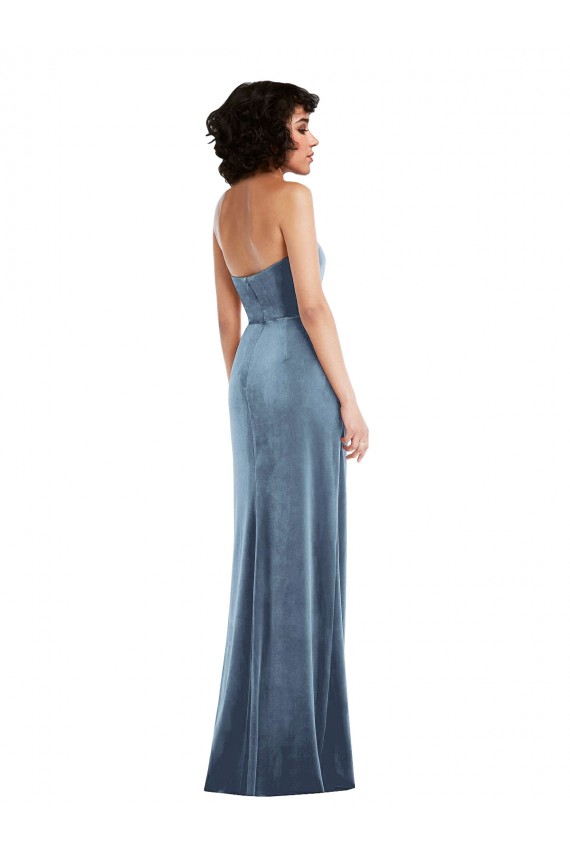 Affordable Sleeveless Strapless Stretch Velvet Dusty Blue Long Formal Evening Dress