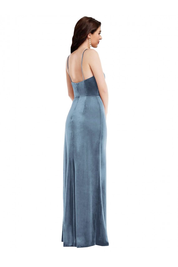 Affordable Sleeveless Sweetheart Stretch Velvet Dusty Blue Long Formal Evening Dress