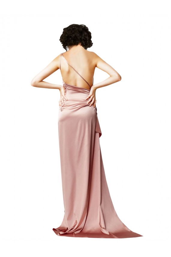 Affordable Sleeveless One Shoulder Silky Satin Dusty Pink Long Formal Evening Dress