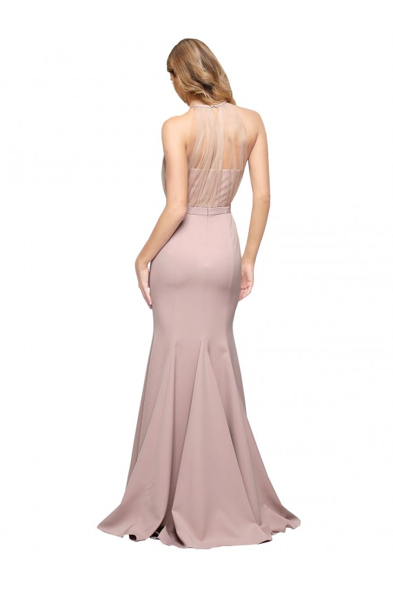 Affordable Sleeveless High Neck Stretch Crepe Dusty Pink Sweep Train Formal Evening Dress