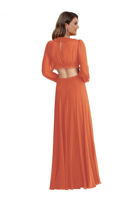 Affordable Long Sleeves V-Neck Soft Chiffon Firecracker Long High Low Evening Dress