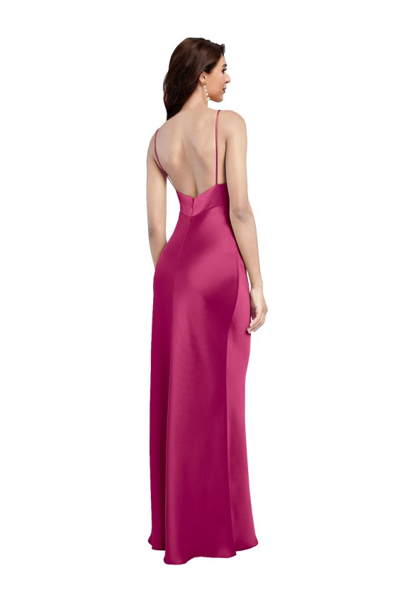 Affordable Sleeveless V-Neck Stretch Satin Fuchsia Long Formal Evening Dress