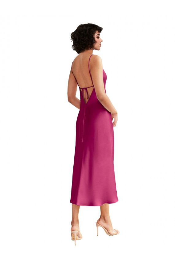 Affordable Sleeveless V-Neck Stretch Satin Fuchsia Midi Length Formal Evening Dress