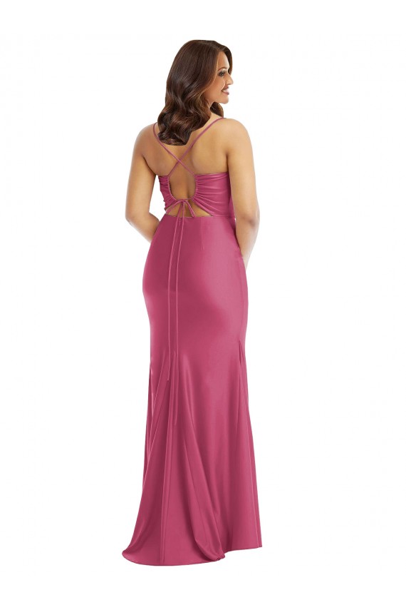 Affordable Sleeveless Cowl Neck Silky Satin Fuchsia Long Plus Size Formal Evening Dress