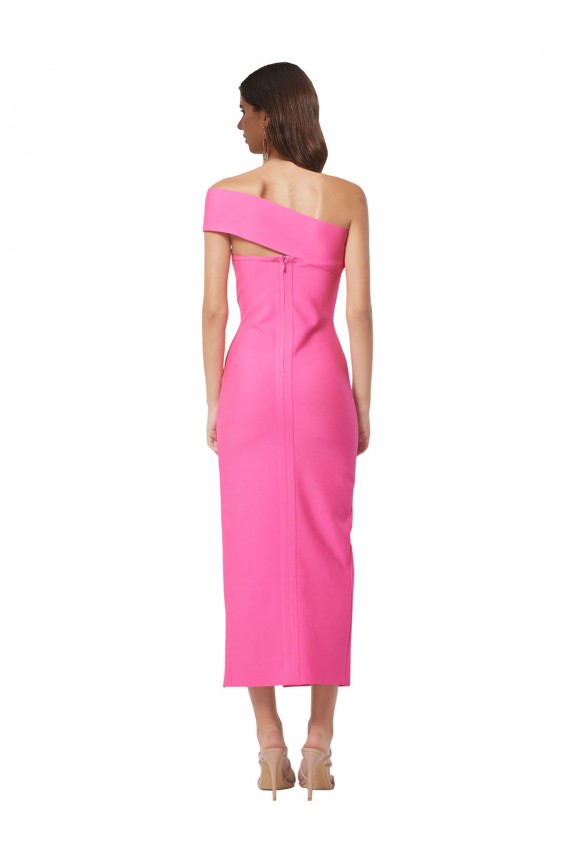 Affordable Sleeveless One Shoulder Stretch Crepe Fuchsia Midi Length Formal Evening Dress