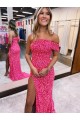Affordable Sleeveless One Shoulder Velvet Sequin Fuchsia Sweep Train Evening Dress