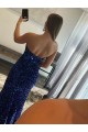 Affordable Sleeveless Strapless Velvet Sequin Fuchsia Sweep Train Evening Dress