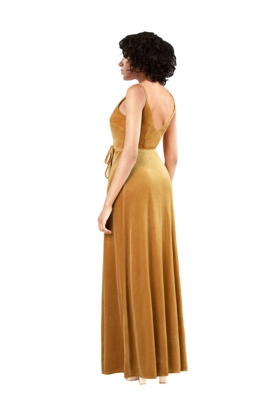 Affordable Sleeveless V-Neck Stretch Velvet Gold Long Black Tie Evening Dress