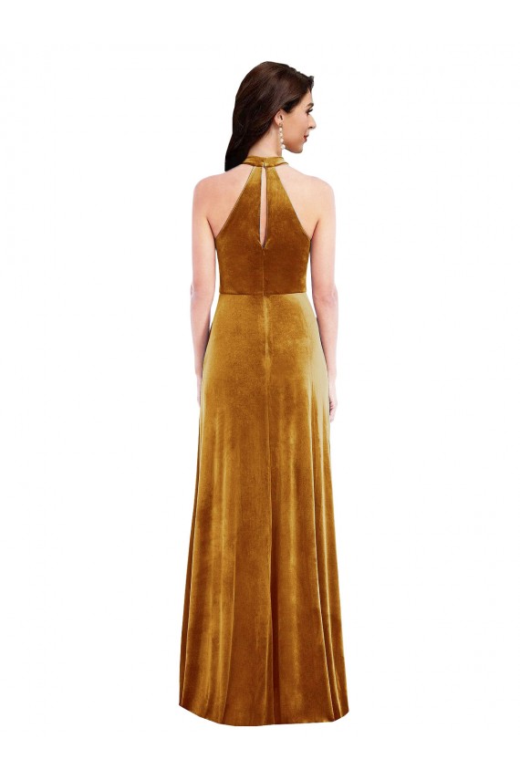 Affordable Sleeveless High Neck Stretch Velvet Gold Long Semi Formal Evening Dress
