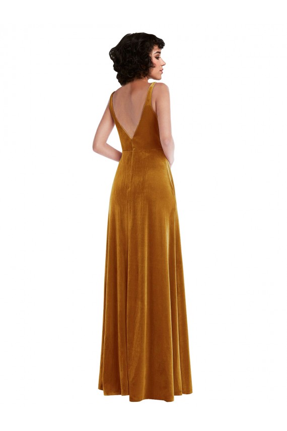 Affordable Sleeveless V-Neck Stretch Velvet Gold Long Semi Formal Evening Dress