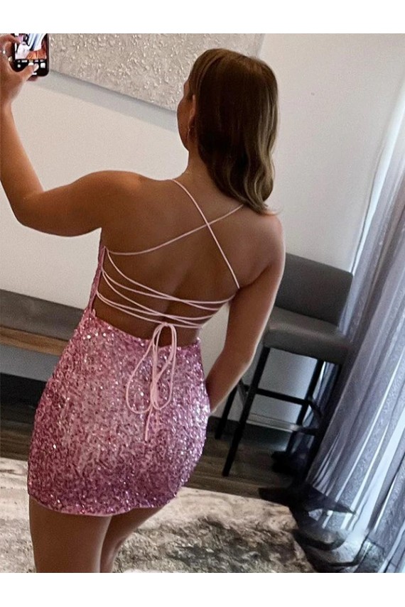 Affordable Sleeveless Spaghetti Straps Velvet Sequin Hot Pink Short Evening Dress