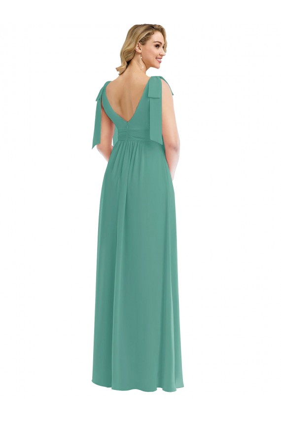 Affordable Sleeveless V-Neck Soft Chiffon Icelandic Silver Long Semi Formal Evening Dress