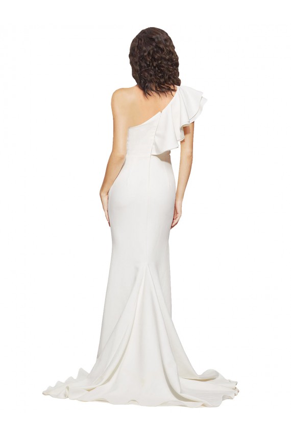 Affordable Sleeveless One Shoulder Stretch Crepe Ivory Sweep Train Semi Formal Evening Dress