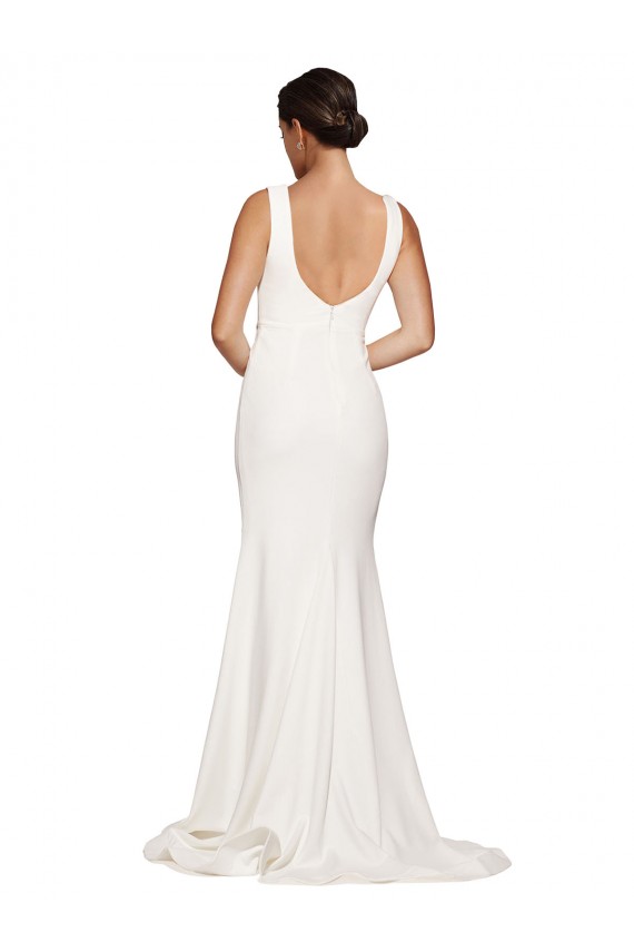 Affordable Sleeveless Square Neck Stretch Crepe Ivory Sweep Train Semi Formal Evening Dress